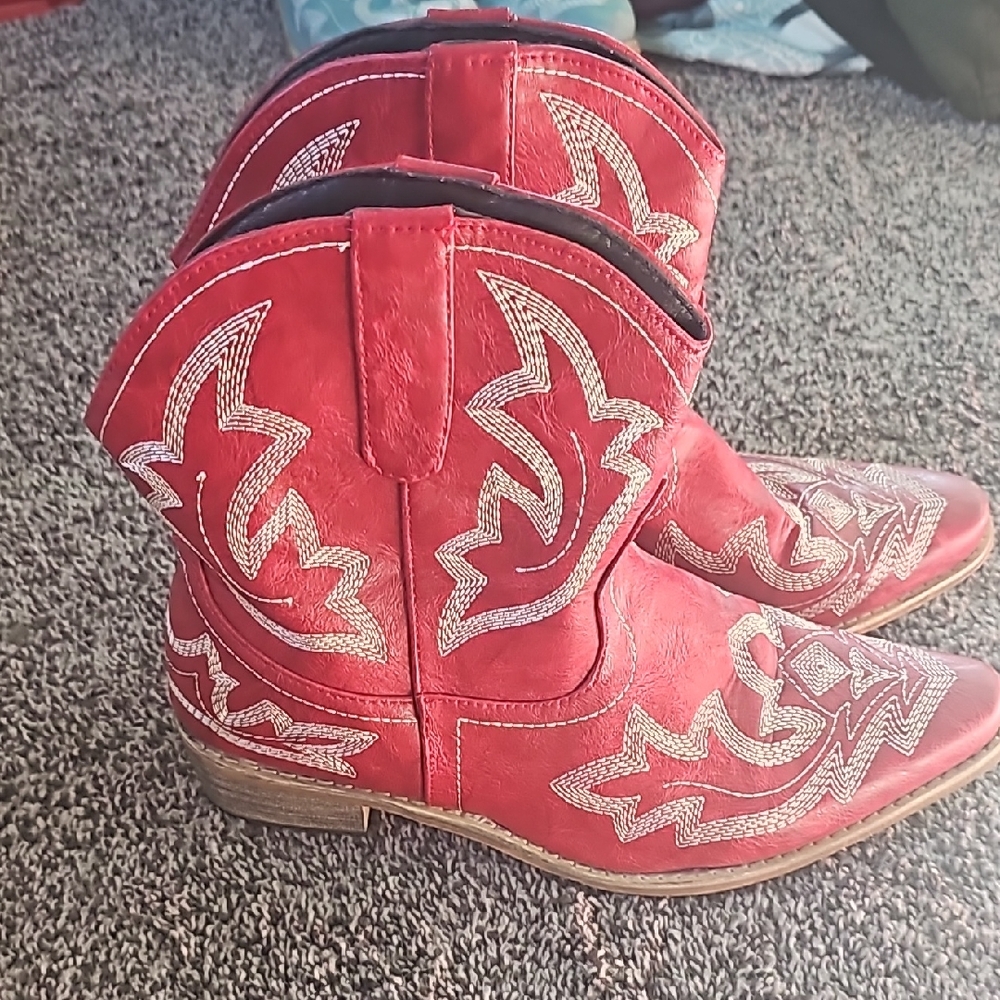 Red and White Womens Ankle Boots with Decorative Stitching